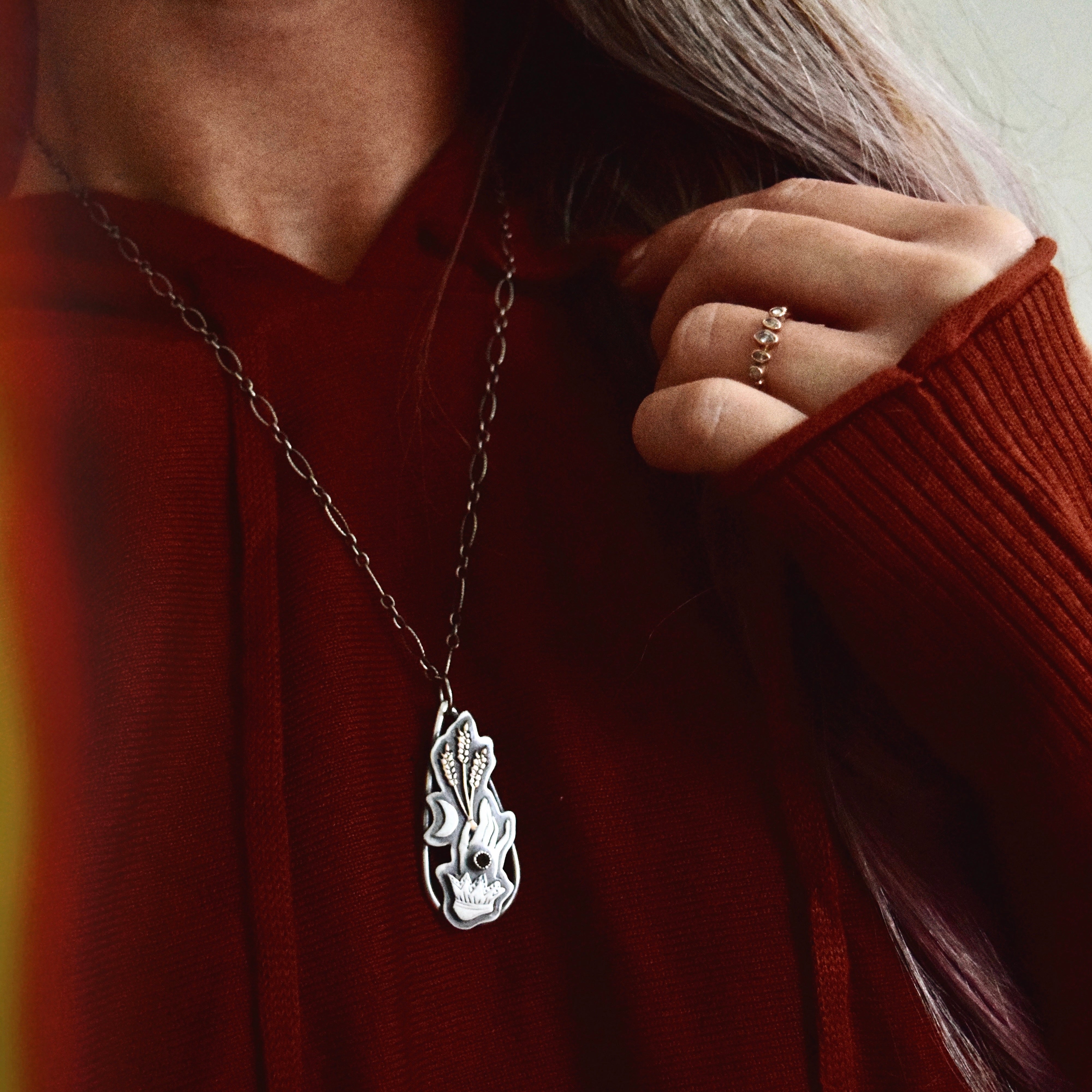 Virgo Maiden Hand and Wheat Pendant with rose cut Smokey Quartz