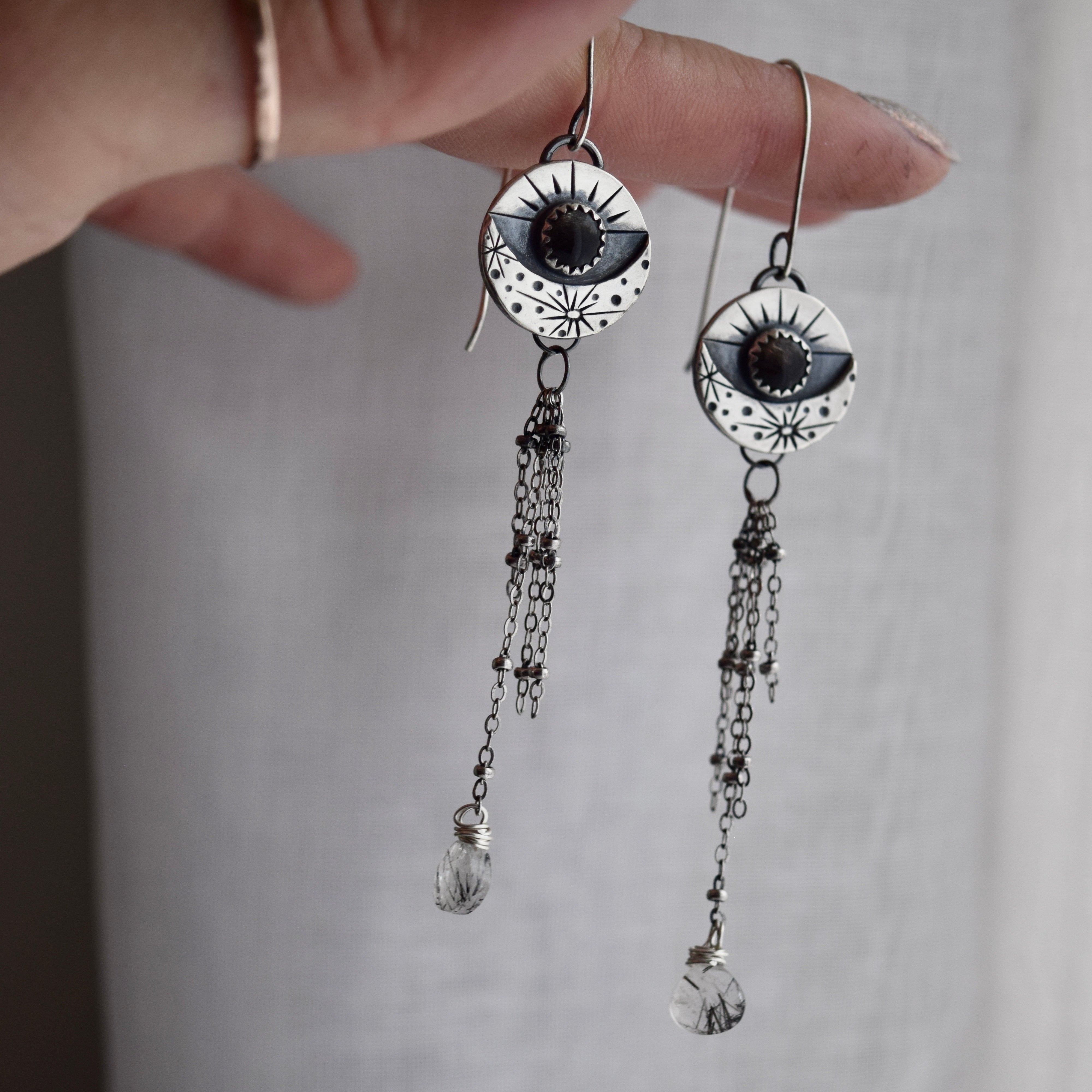 Lunar Eye Earrings with Black Moonstone and Black Rutilated Quartz