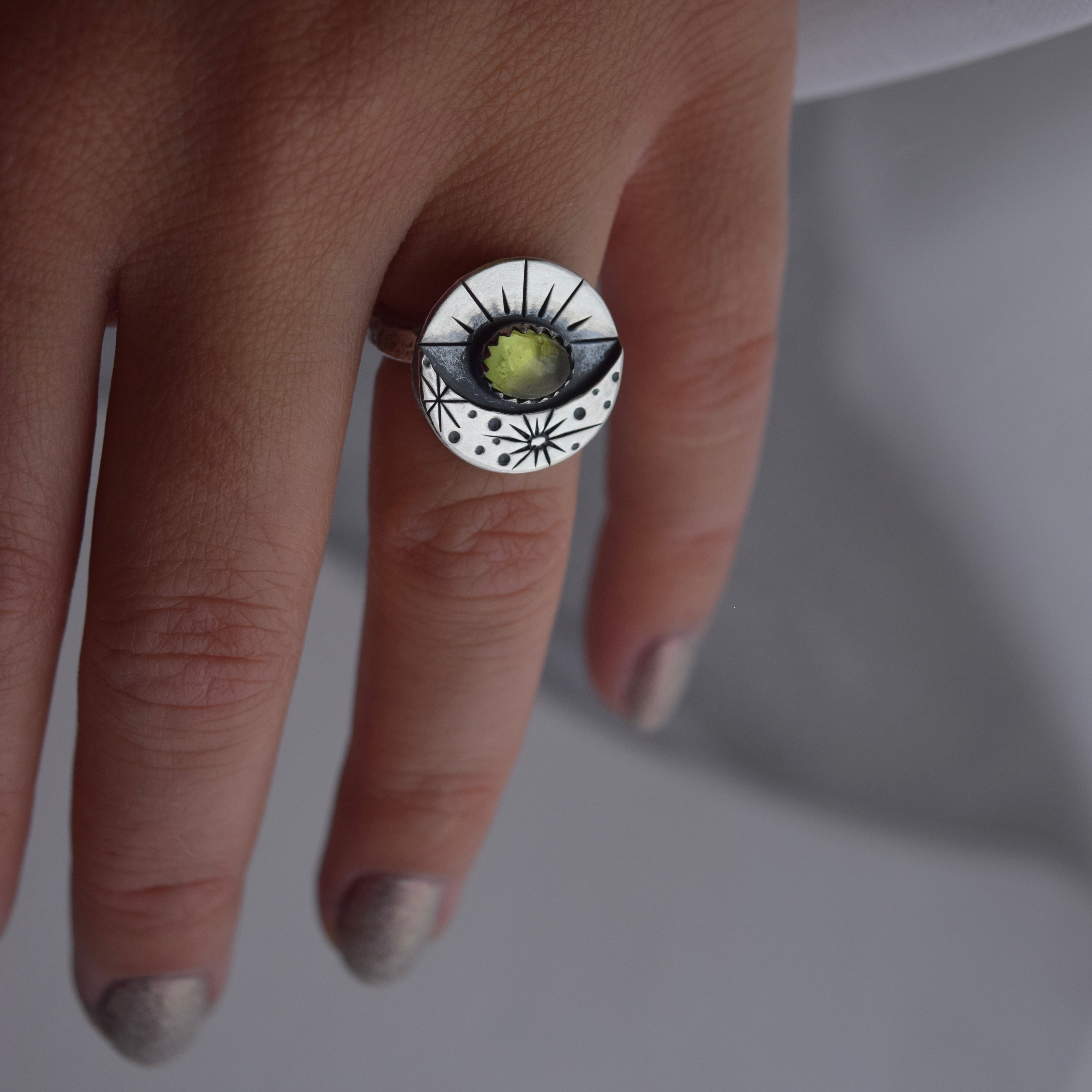 Lunar Eye Ring with Peridot size 5