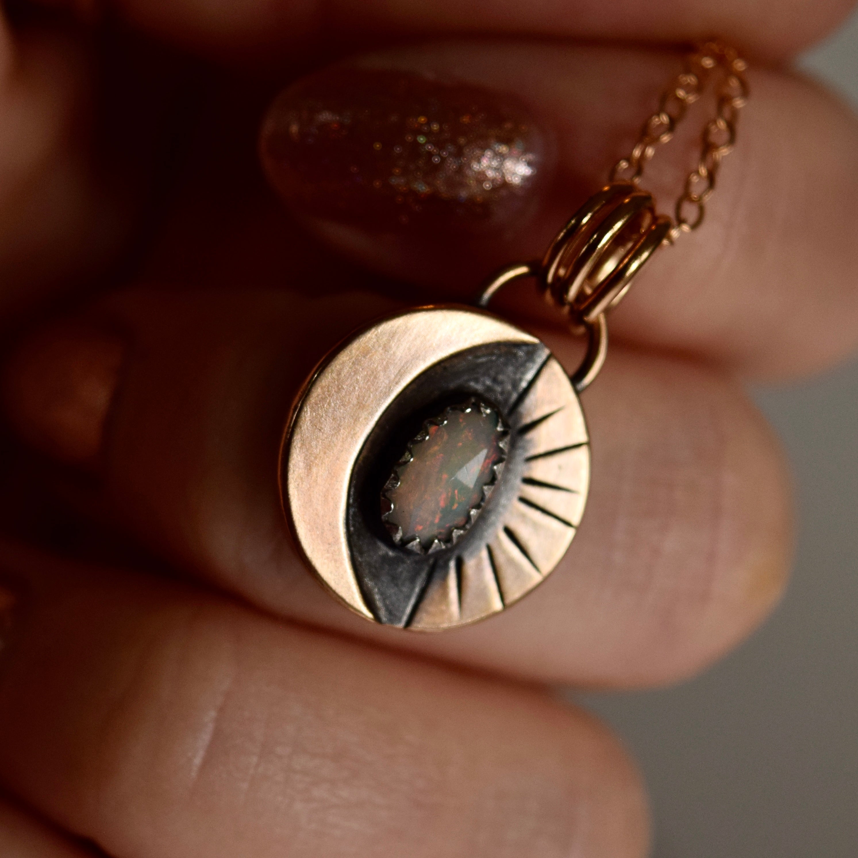 Harvest Lunar Phase Pendant with Brass, Bronze, and Ethiopian Opal