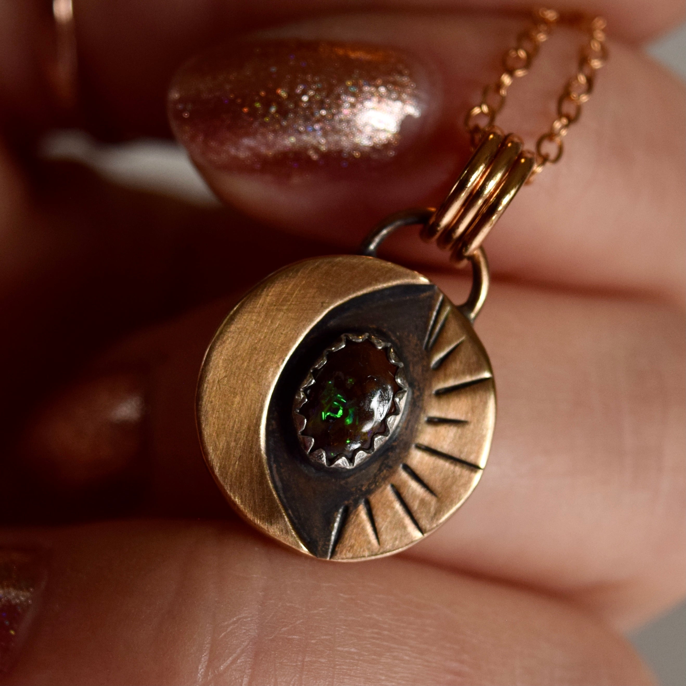 Harvest Lunar Phase Pendant with Brass, Bronze, and Boulder Opal