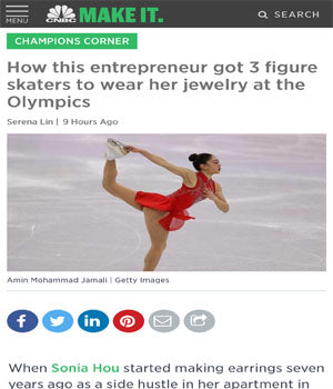 SONIA HOU Jewelry was featured on CNBC Make It for designing the earrings on the U.S. Figure Skaters at the Winter Olympics '18.