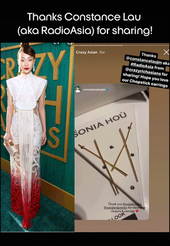 CRAZY RICH ASIANS cast wearing SONIA HOU Jewelry Chopstick Earrings in 18K Gold Vermeil