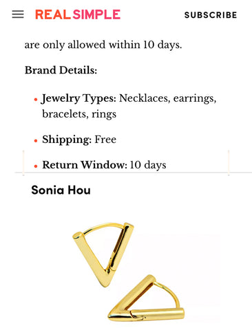 REAL SIMPLE featured SONIA HOU Jewelry as 18 Best Places To Buy Affordable Jewelry Online