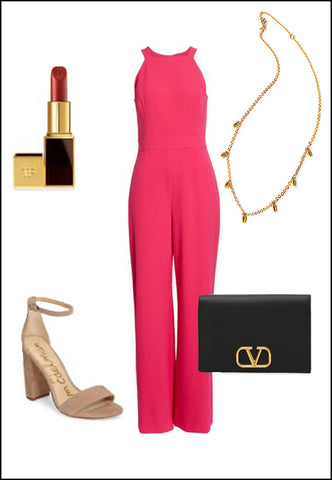 Minimalist Rice Bead Necklace in 18K Gold Vermeil by Sonia Hou Jewelry paired with women's coral jumpsuit, nude sam Edelman heels, red chanel lipstick and black purse