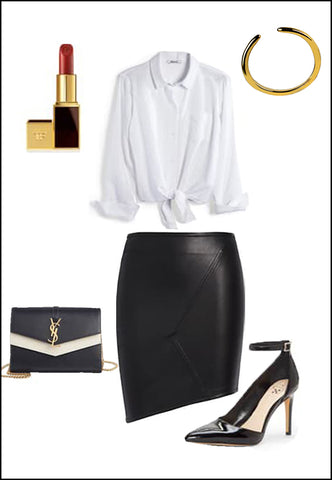 Success 18K Gold Vermeil Adjustable ring by Sonia Hou Jewelry paired with women's leather asymmetrical skirt, white blouse, YSL purse and red chanel lipstick