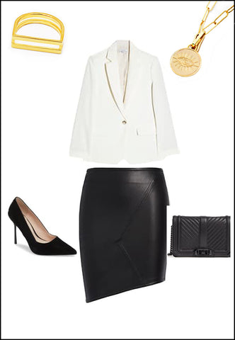 Evil Eye Necklace styled with white blazer, leather skirt, gold ring by SONIA HOU Jewelry