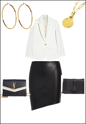 Four Blessings Necklace styled with white blazer, leather skirt, gold hoop earrings by SONIA HOU Jewelry