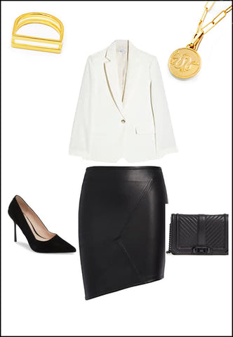 Chinese Dragon Zodiac Lucky Charm Necklace styled with white blazer, leather skirt, gold hoop earrings by SONIA HOU Jewelry