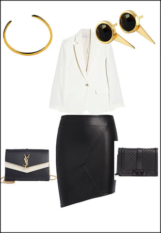 Sonia Hou Fire black onyx ear jacket earrings paired with YSL purse and white blouse and gold cuff bracelet