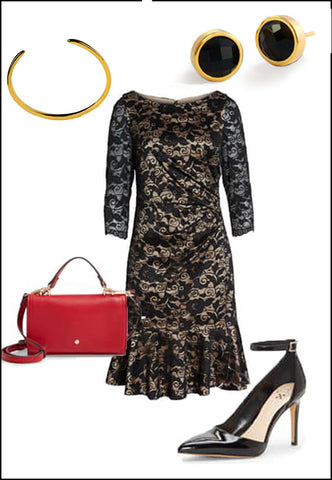 Sonia Hou Fire black onyx ear stud earrings paired with YSL purse and white blouse and gold cuff bracelet