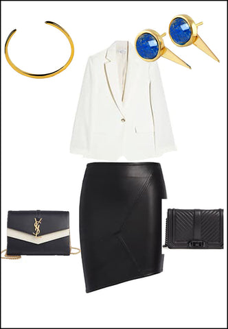 Sonia Hou Fire blue denim lapis lazuli  earrings paired with YSL purse and white blouse and gold cuff bracelet