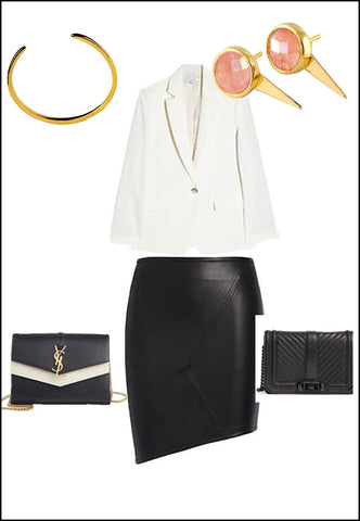 Sonia Hou Fire pink coral ear jacket earrings paired with YSL purse and white blouse and gold cuff bracelet