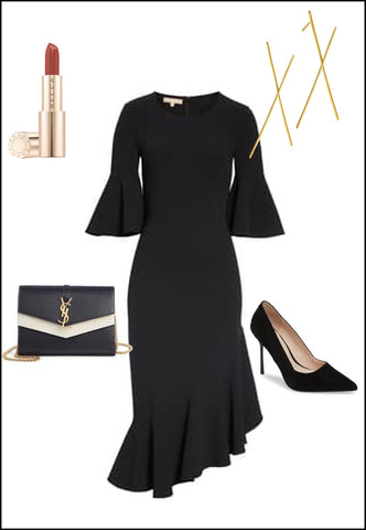 Long Chopstick Earrings in 18K Gold Vermeil by Sonia Hou Jewelry paired with black dress, YSL purse and red chanel lipstick