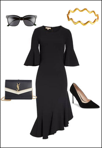 Noodle 18K Gold Vermeil Ring by Sonia Hou Jewelry paired with black dress, YSL purse, black pumps and sunglasses