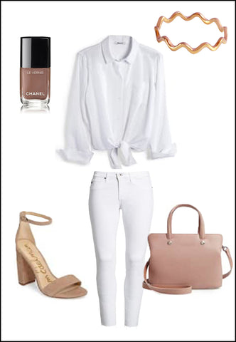Noodle 18K Rose Gold Vermeil Ring by Sonia Hou Jewelry paired with white blouse, white jeans, nude heels and chanel nail polish