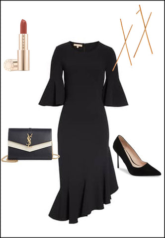 Long Chopstick Earrings in 18K Rose Gold Vermeil by Sonia Hou Jewelry paired with black dress, YSL purse and red chanel lipstick