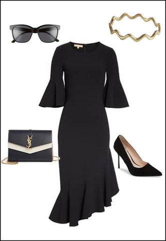 Noodle Sterling Silver Ring by Sonia Hou Jewelry paired with black dress, YSL purse, black pumps and sunglasses