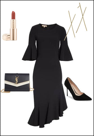 Long Chopstick Earrings in Sterling Silver by Sonia Hou Jewelry paired with black dress, YSL purse and red chanel lipstick