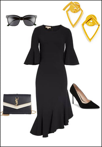 Trill 18K Gold Vermeil Earring Jackets by Sonia Hou Jewelry paired with Black dress, shoes and sunglasses