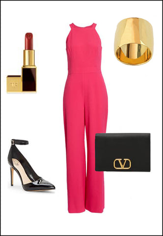 Rich 18K Gold Vermeil Ring by Sonia Hou Jewelry paired with women's coral jumpsuit, black pumps and purse, and red chanel lipstick