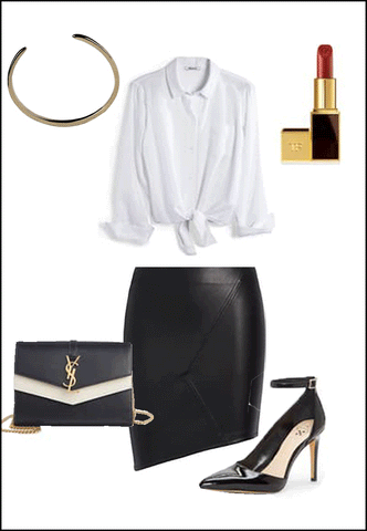 Success Cuff Bracelet in 18K Gold Vermeil, 18K Rose Gold Vermeil or Sterling Silver by Sonia Hou Jewelry paired with women's black leather skirt, white blouse, YSL purse, red chanel lipstick and black heels