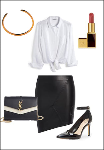 Success 18K Rose Gold Vermeil Cuff Bracelet by Sonia Hou Jewelry paired with women's black leather skirt, white blouse, YSL purse, red chanel lipstick and black heels