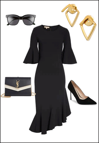 Trill 18K Gold Vermeil earring jackets by Sonia Hou Jewelry paired with black dress, pumps, YSL purse and sunglasses