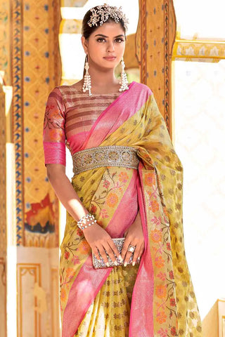 Yellow And Pink Banarasi Saree