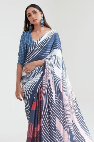 Dark Blue Satin Digital Print Saree