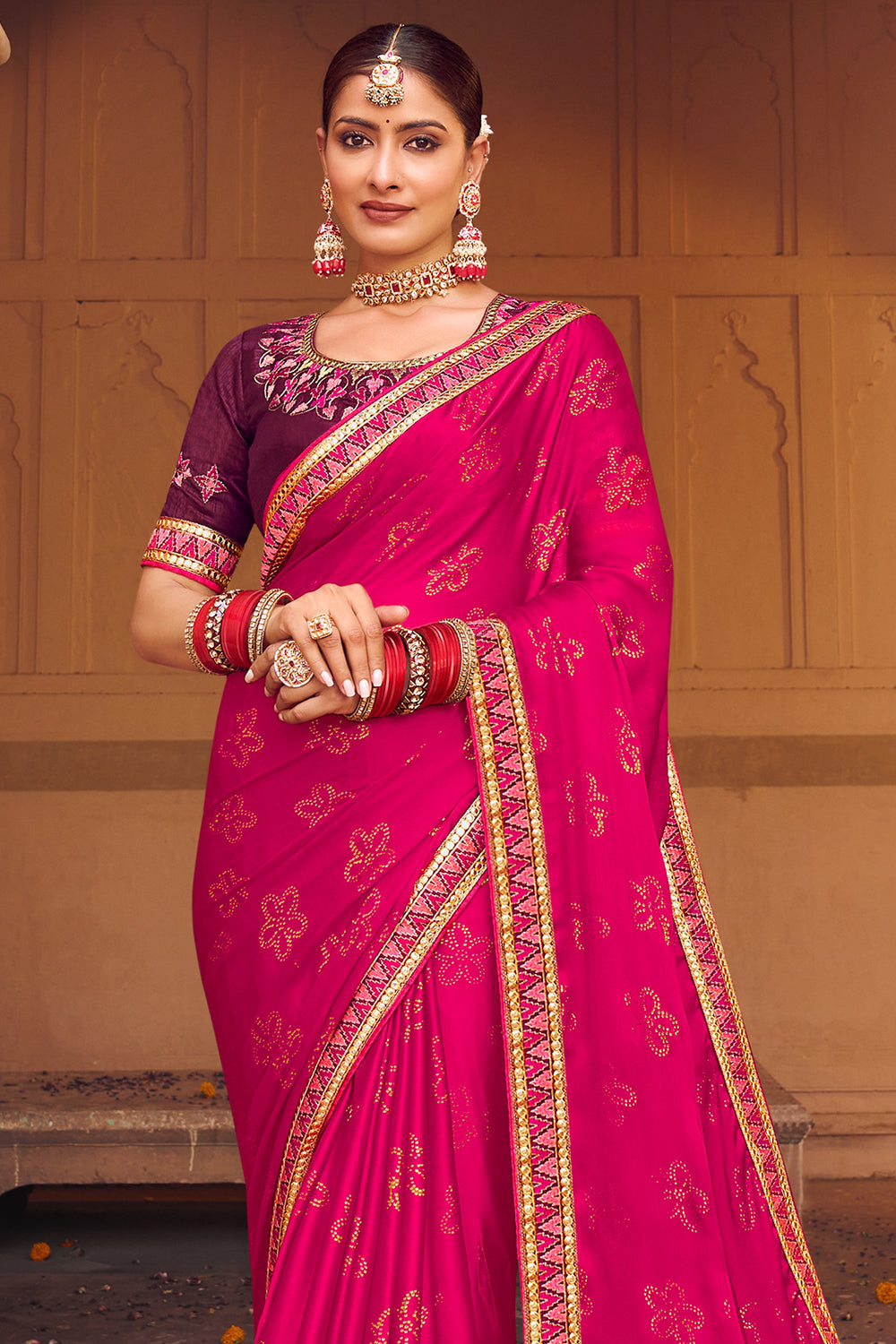 Buy Hot Pink Satin Chiffon Saree online-Karagiri