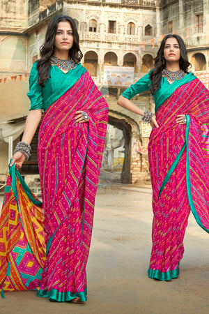 Wild Pink Blue and Orange Cotton Saree with Leheriya Print