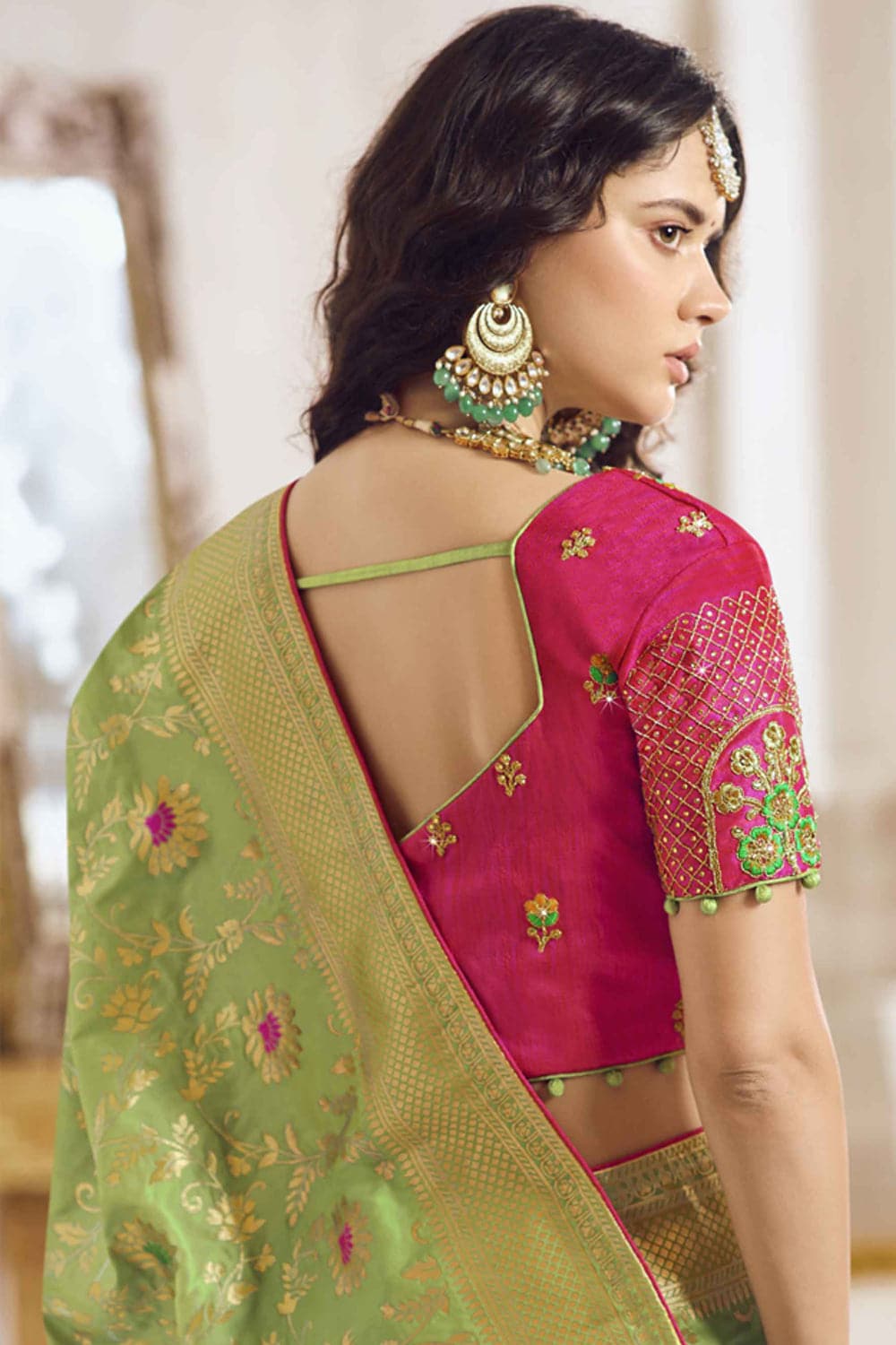 Buy Pastel green woven designer banarasi saree with embroidered silk ...