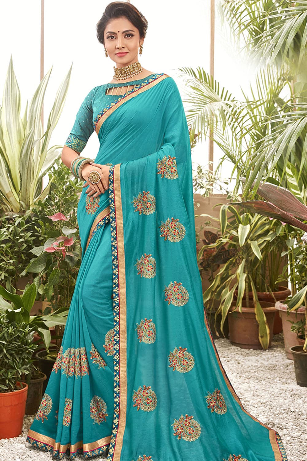 Buy Sky blue Chanderi silk saree online - Karagiri