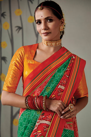 Photo of Bridal back shot South Indian bride with green blouse and orange  saree