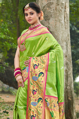 Pure Silk Paithani Saree With Traditional Narali Border Parrot Peacock –  Essence of India