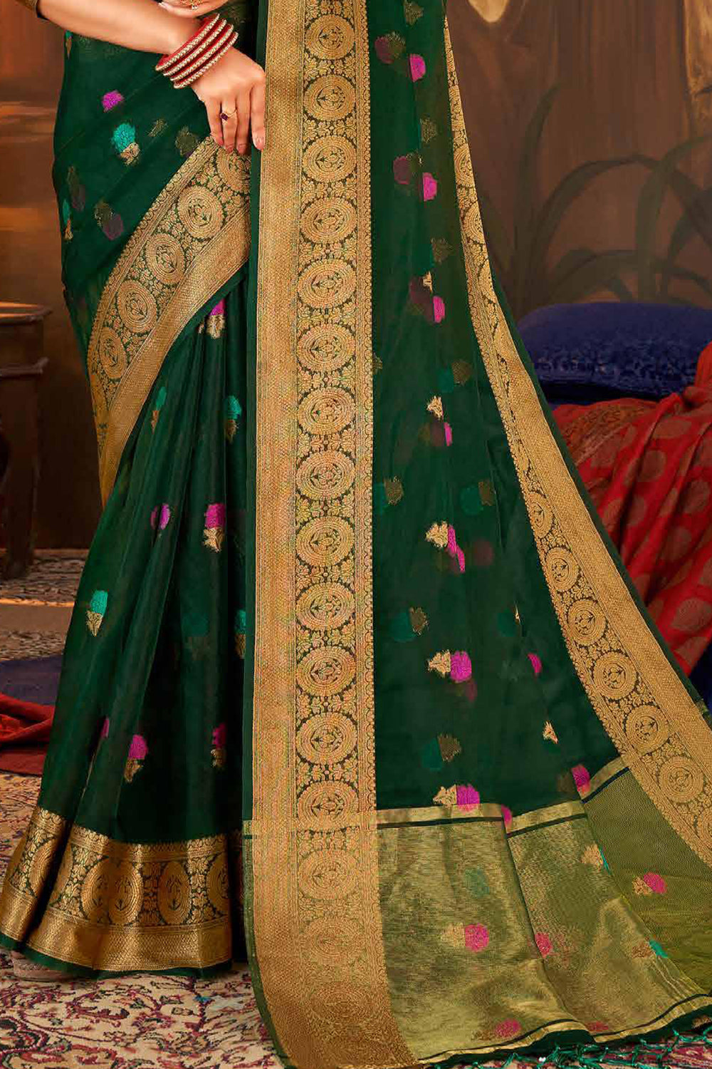 Buy Bottle Green Organza Saree online-Karagiri