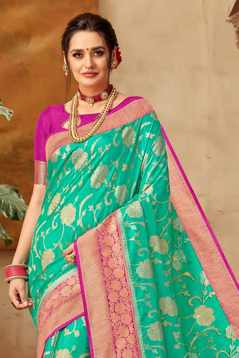 Buy Teal green woven saree - woven fusion of Banarasi & raw silk online ...