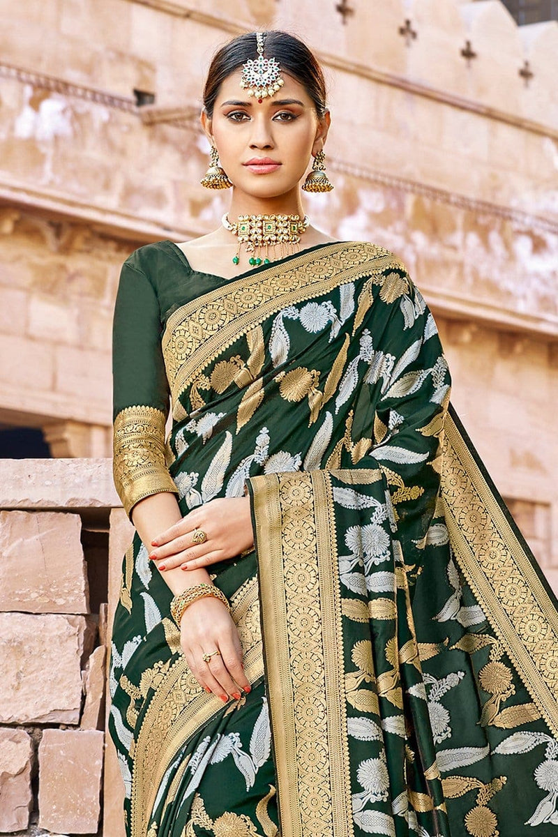 Buy Dark emerald green zari woven banarasi saree online - karagiri ...