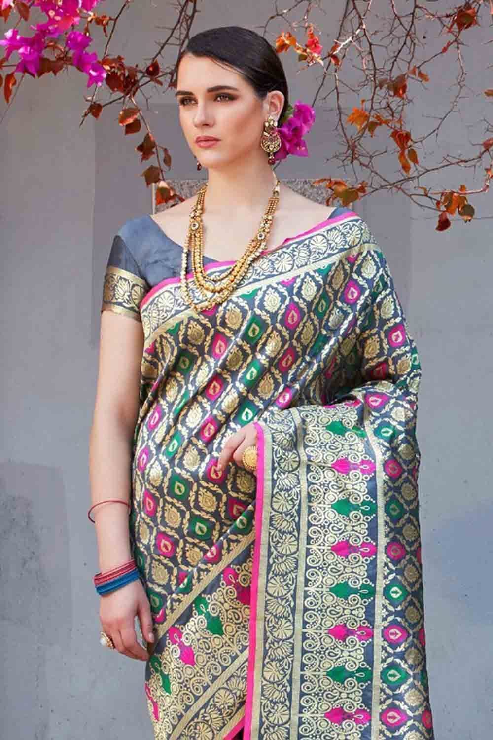 Buy Grey - pink woven Banarasi brocade saree online - Best quality silk sarees - Free international shipping - Easy returns – Karagiri