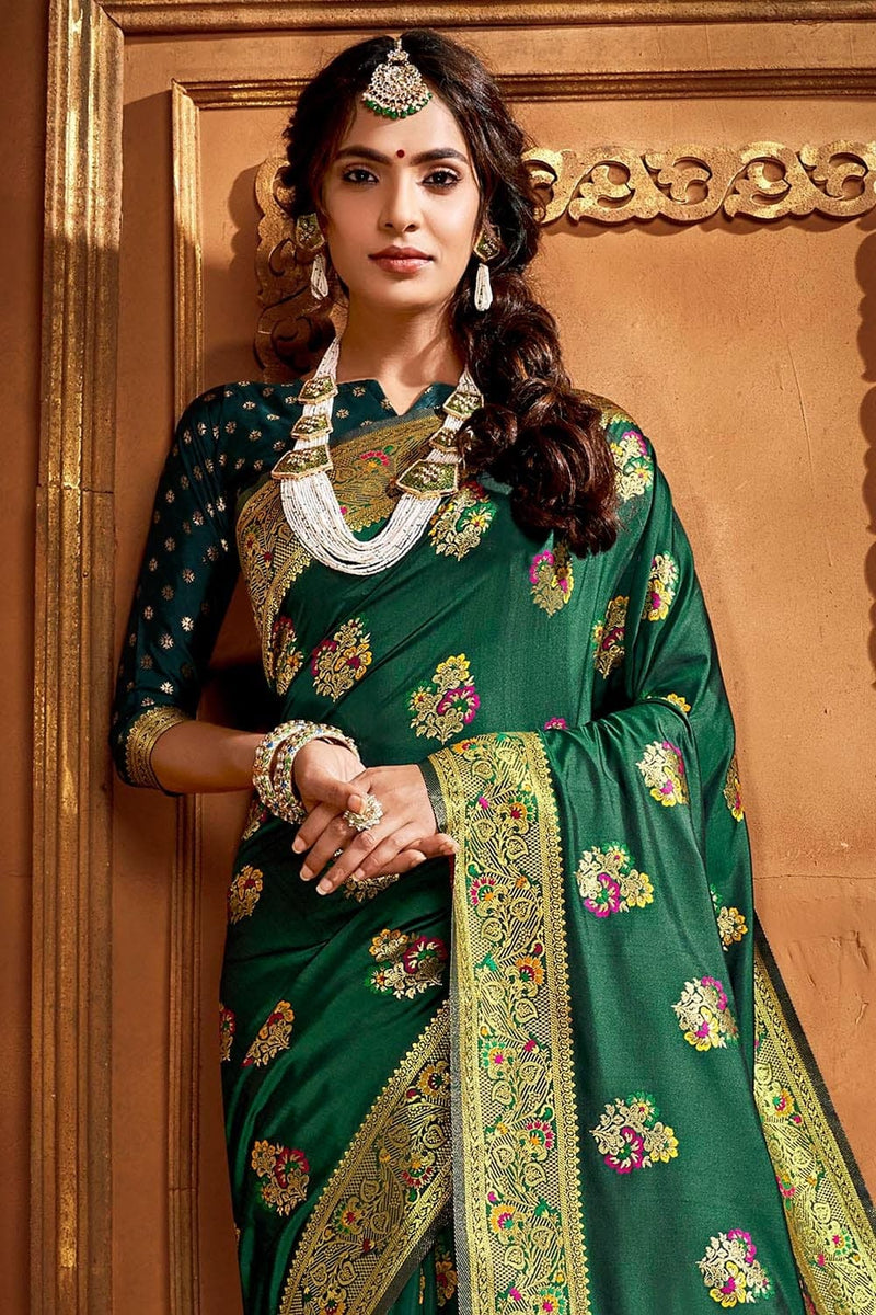 Buy Hunter Green Zari Woven Banarasi Saree online-Karagiri