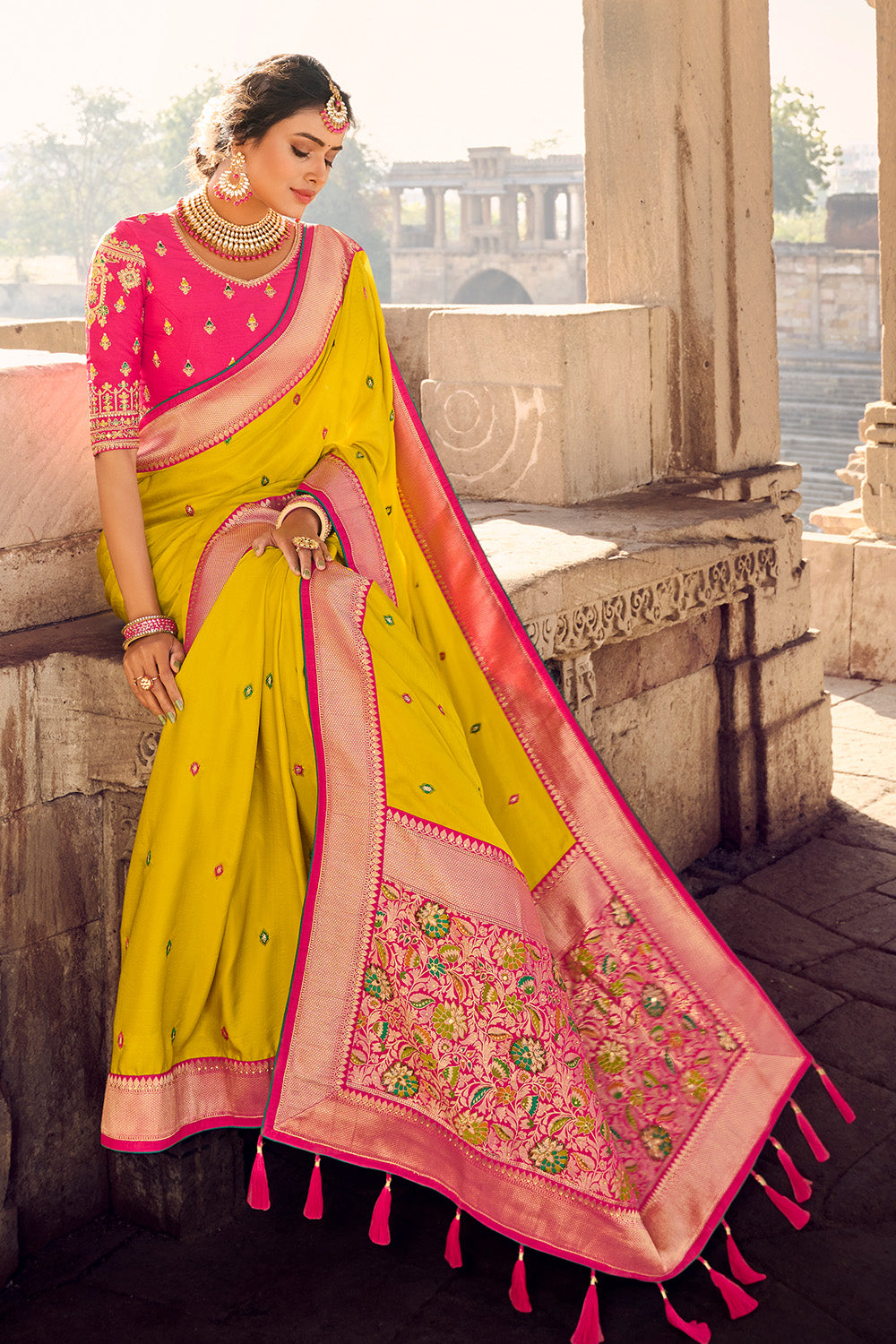 Buy Lemon Yellow Banarasi Saree online-Karagiri