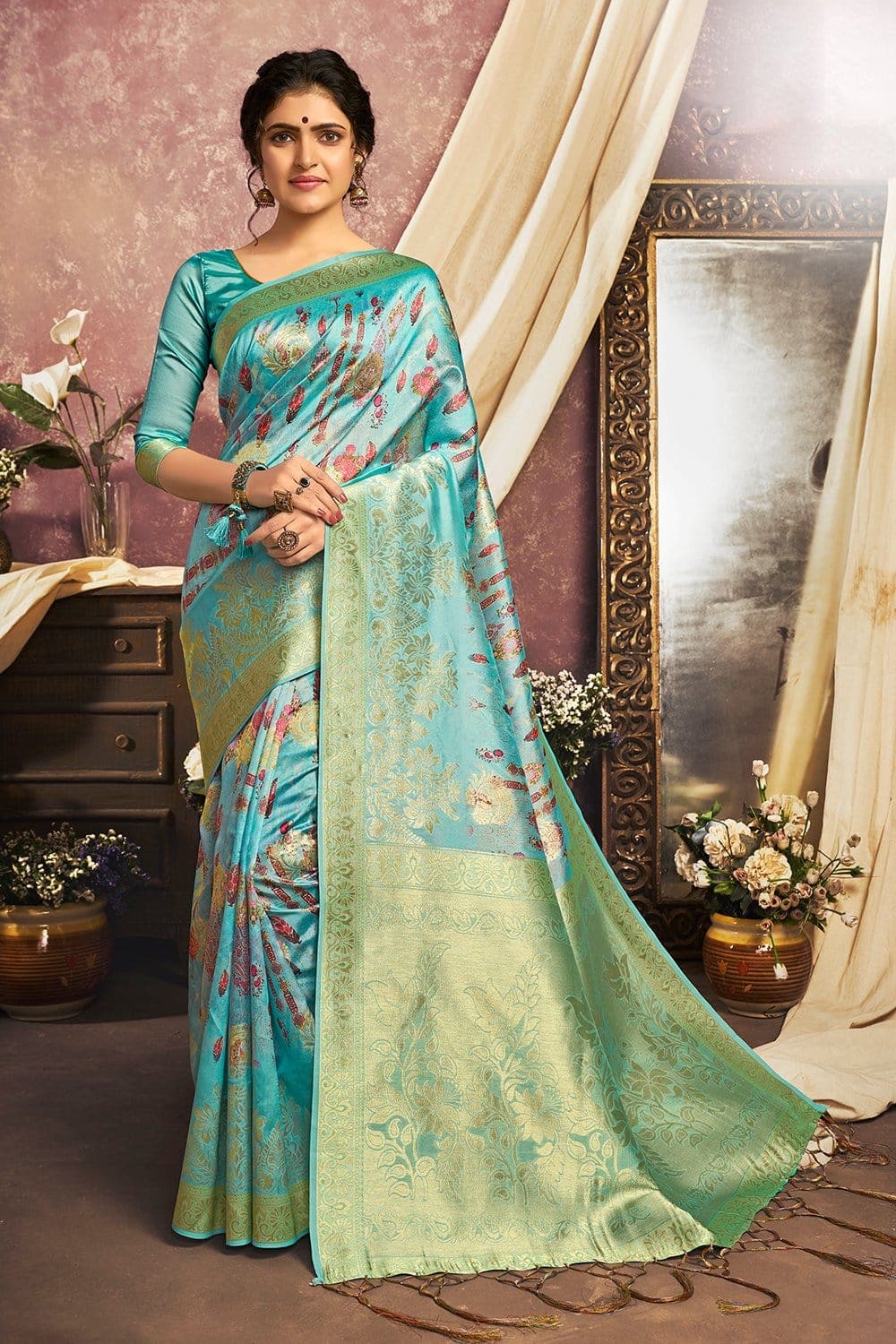 Buy Sapphire blue floral printed banarasi Saree online - karagiri