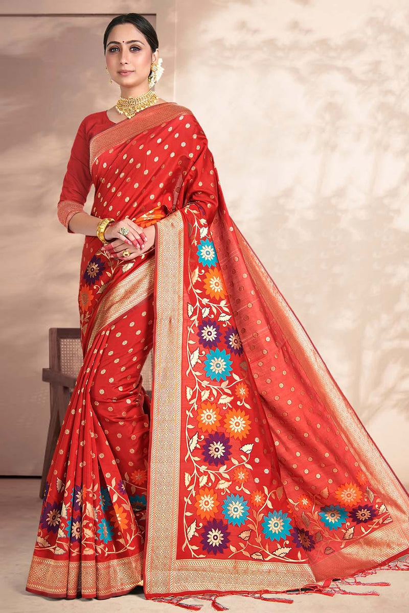 Buy Scarlet Red Banarasi Saree online-Karagiri