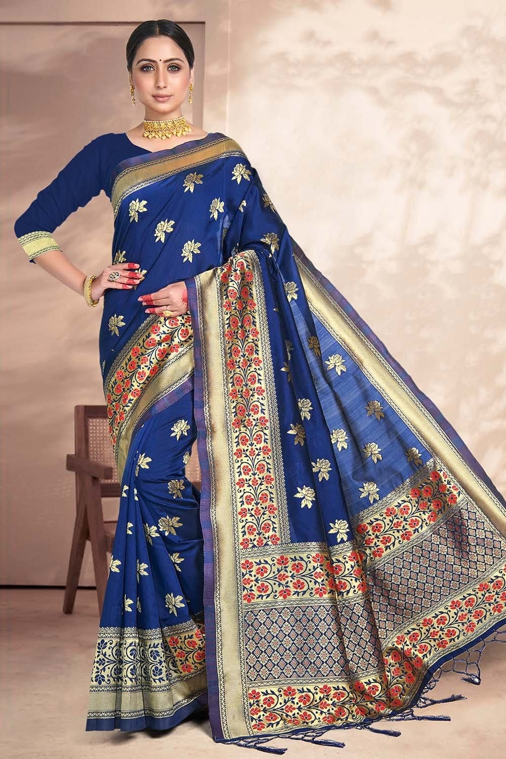 Buy Space Blue Banarasi Saree online-Karagiri