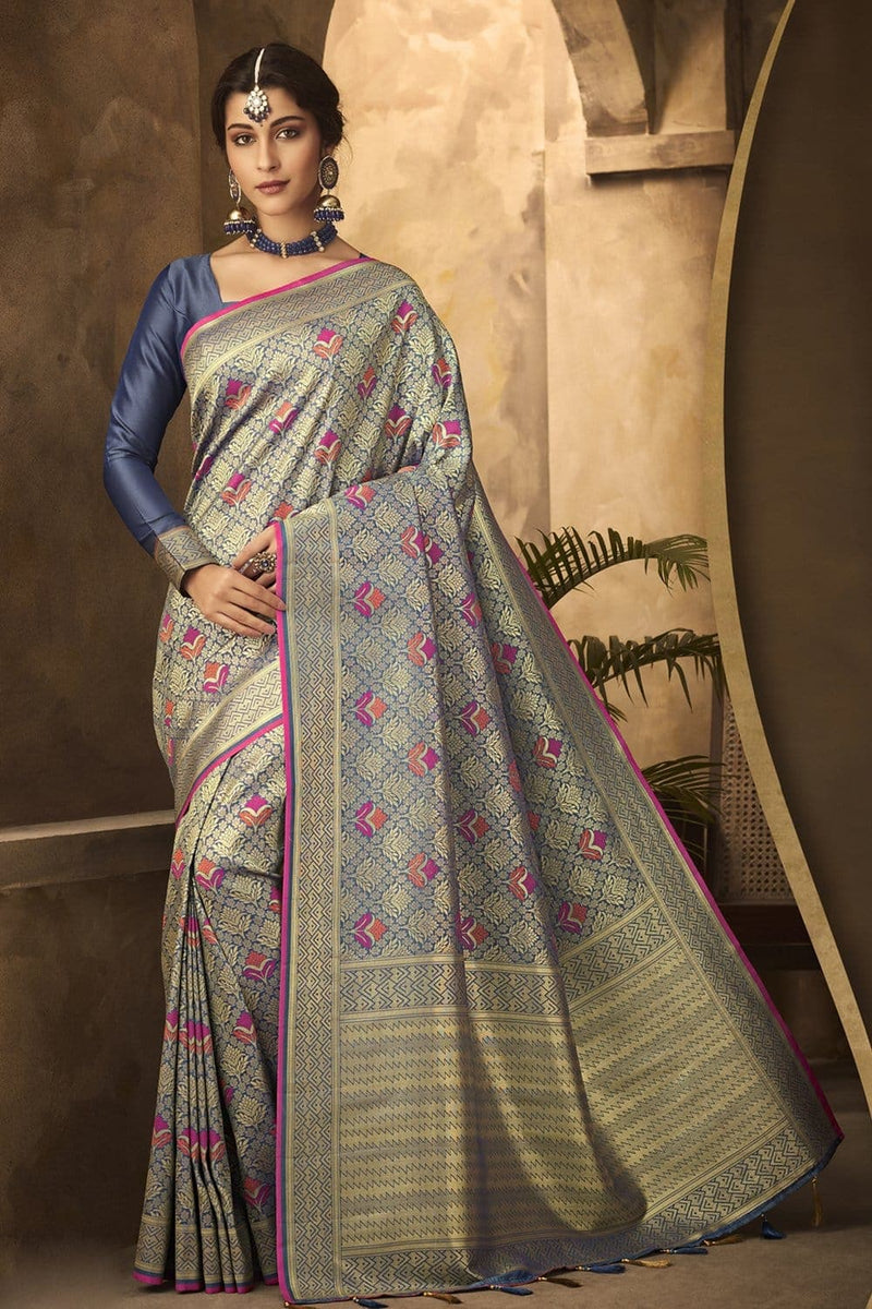 Buy Steel blue zari woven banarasi saree online at best price - Karagiri