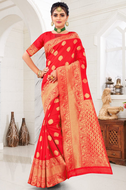 Buy Bright Red Banarasi Silk Saree online-Karagiri