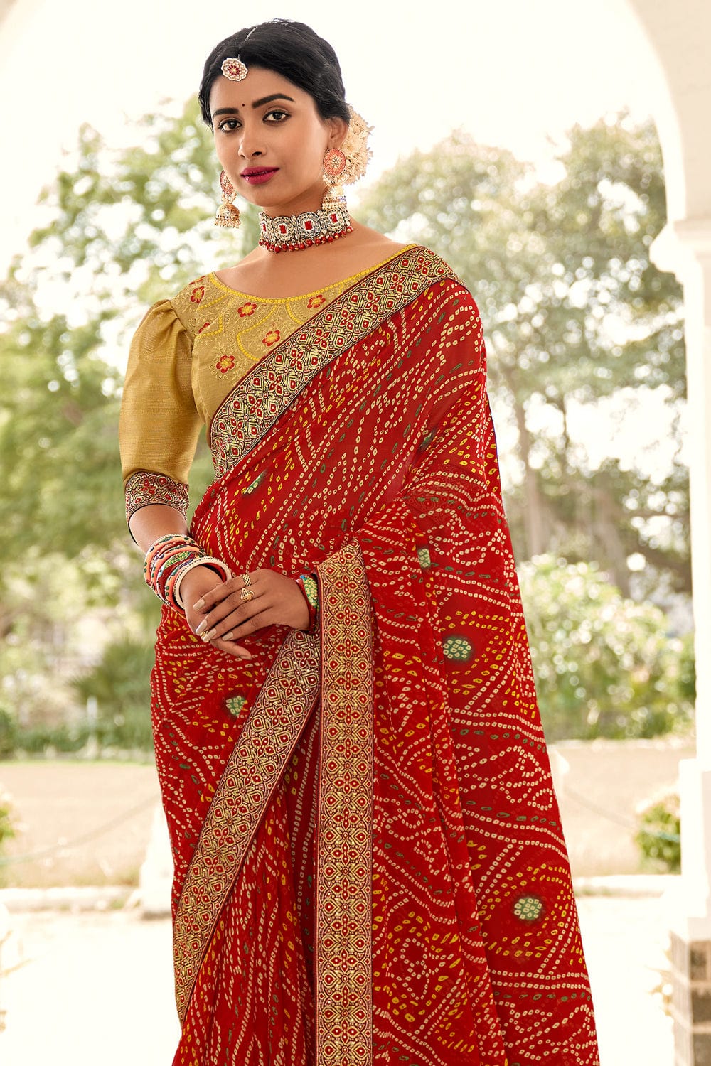 Buy Brick Red Bandhani Saree online-Karagiri