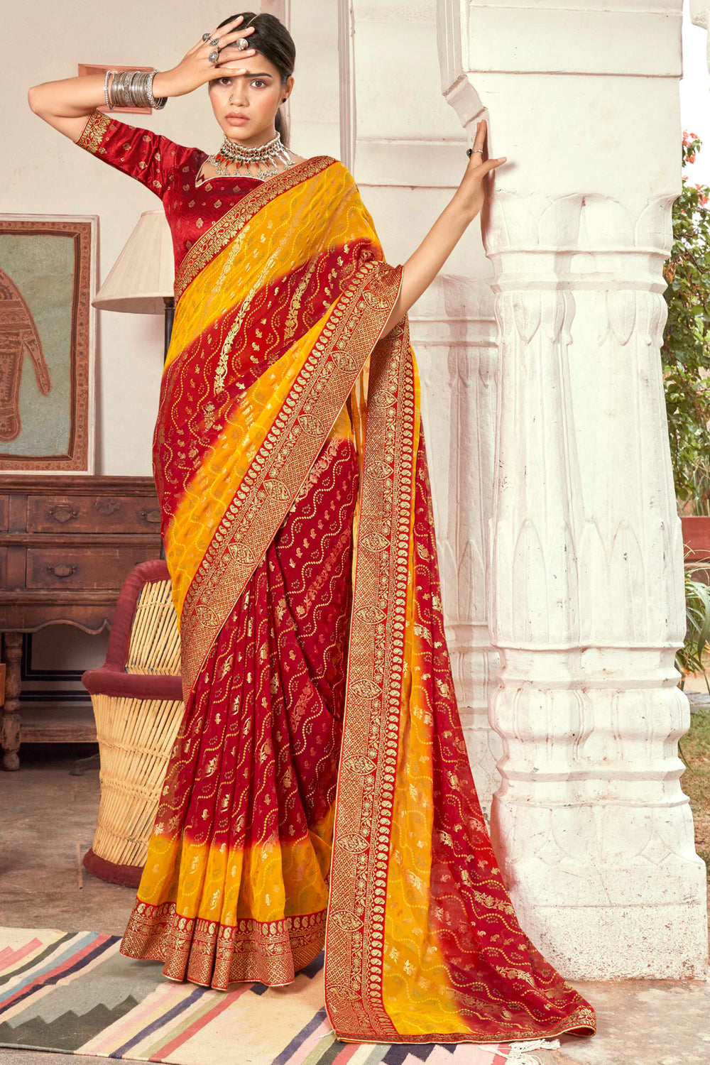 Buy Yellow Red Dual Tone Bandhani Saree online-Karagiri