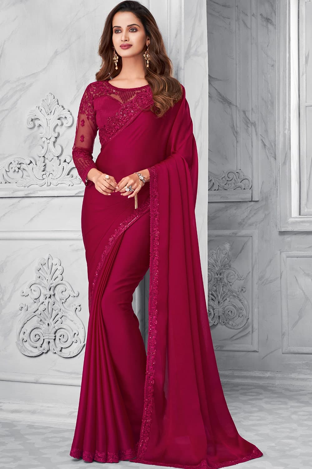 Buy Maroon Chiffon Saree online-Karagiri